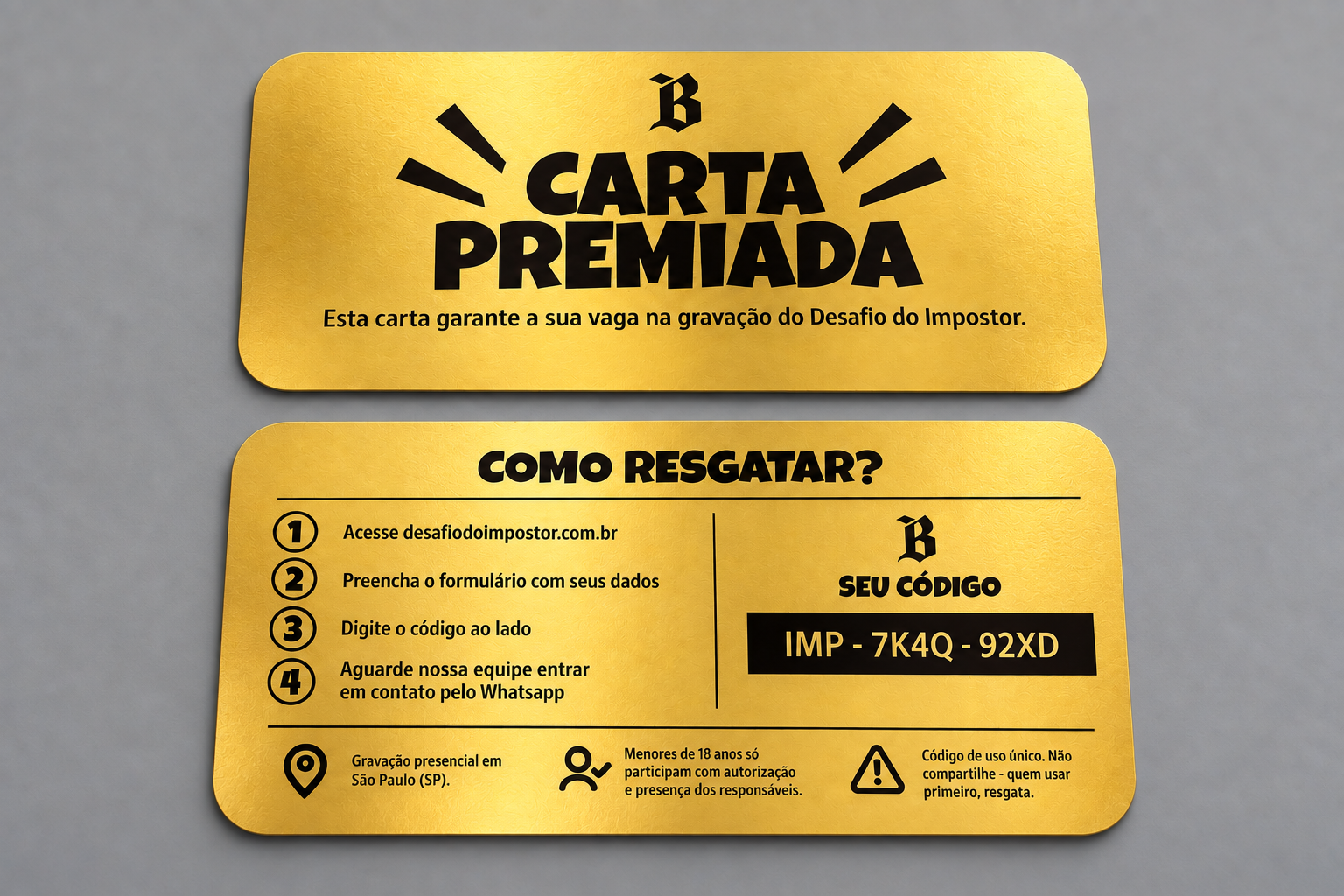 Frente da Carta Premiada dos Banheiristas, em papel dourado e com cantos arredondados.